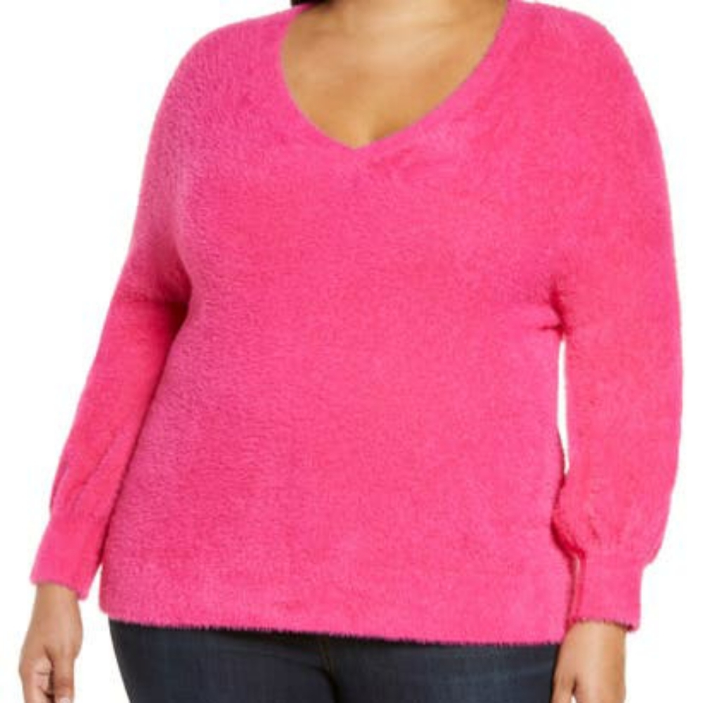 Halogen V Neck Fuzzy Sweater Pink Berry 2X